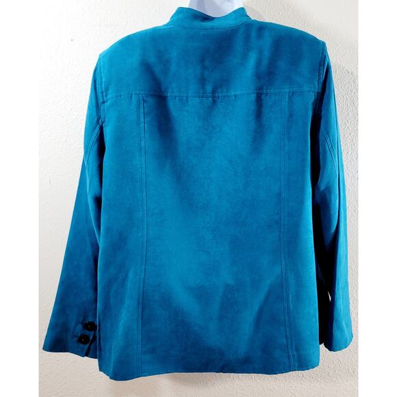 Draper's & Damon's Blue Teal Suede Button Up Blazer Large Band Collar Soft - Picture 3 of 8